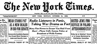Imagen: Portada del New York Times el 31 de octubre de 1938. Wikimedia Commons